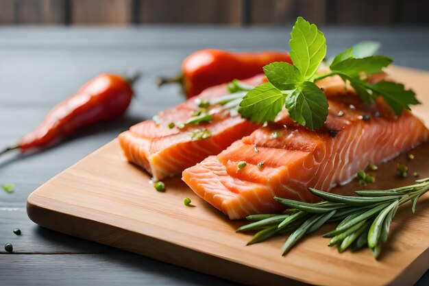 a close up of raw salmon on a cutting board