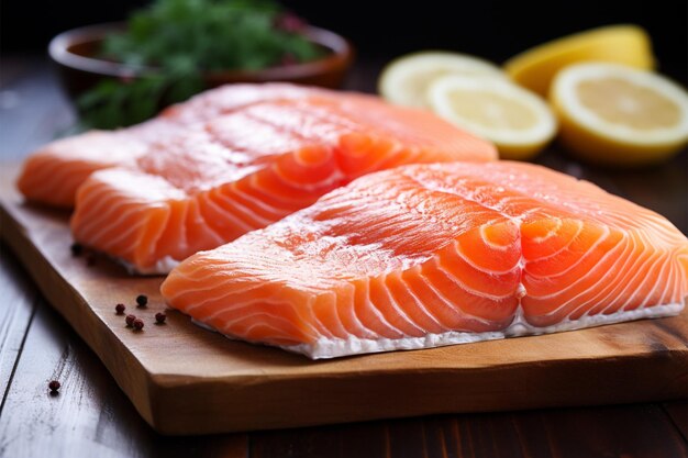 Close up Raw salmon fillets on a natural wooden table setting