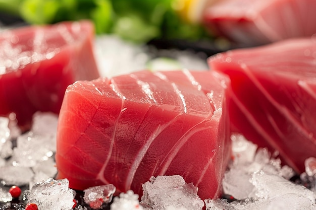 Close up of raw tuna steaks on ice