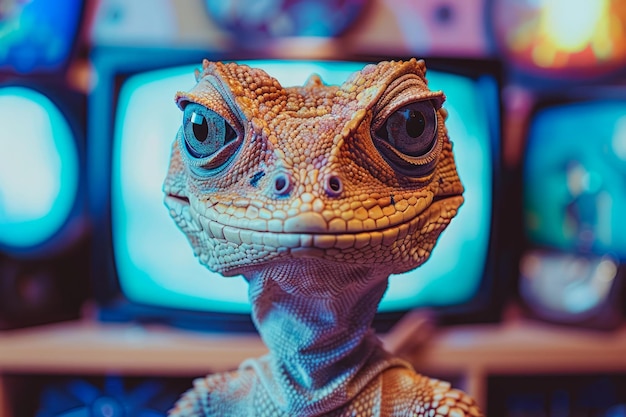 Close up of a Realistic Animatronic Lizard with Intricate Scales in Front of a Blurred Background