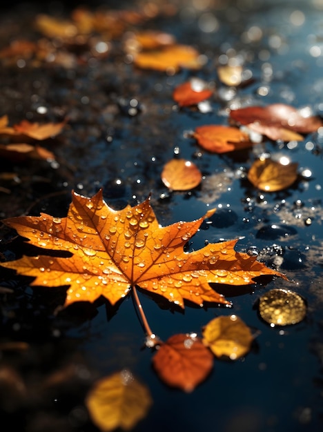 水滴のある秋の葉のリアルな画像を接写します
