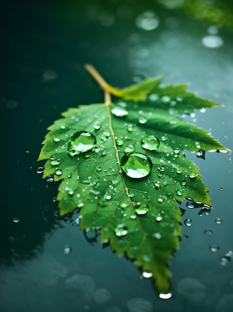 Close up realistic image of a green leaf with water droplets