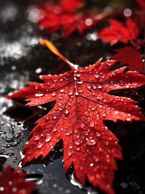 Close up realistic image of a red leaf with water droplets