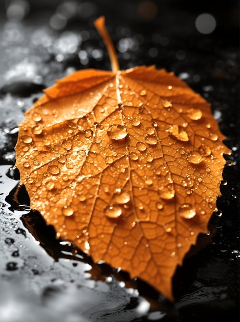 Close-up realistisch beeld van een oranje blad met waterdruppels