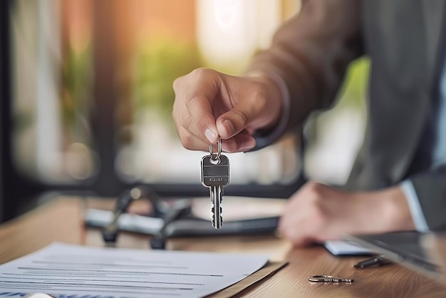 Close-up dell'agente immobiliare che dà le chiavi della nuova casa al cliente che firma il contratto