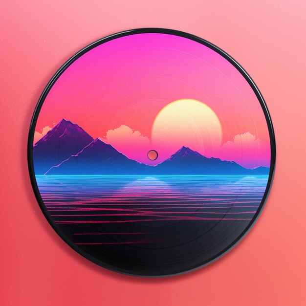 A close up of a record with a sunset in the background generative ai