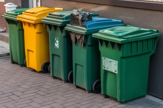 Close up on recycling bins with various types of garbage