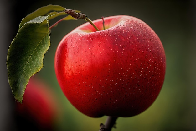 A close up of a red apple carrying limb from an apple