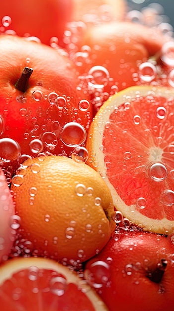 Close up of a red apple and oranges with water drops