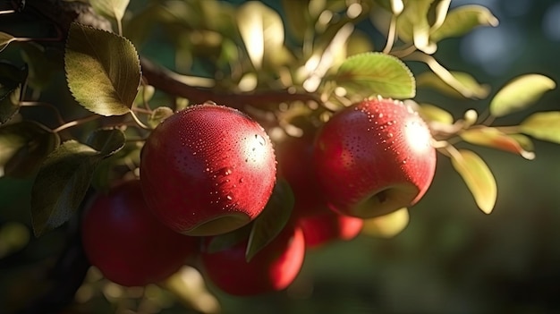 A close up of red apples on a tree