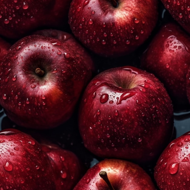 A close up of red apples with water droplets on them