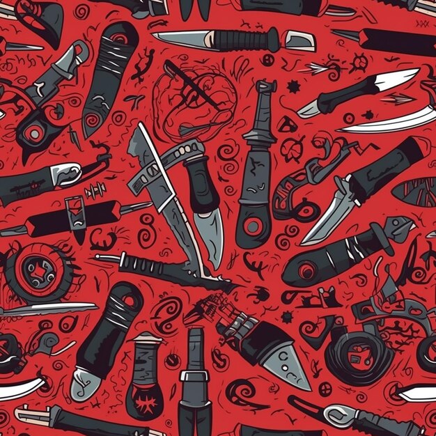 a close up of a red background with many different types of knives generative ai