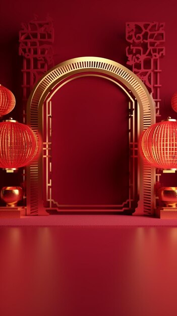 A close up of a red background with a red archway and lanterns generative ai