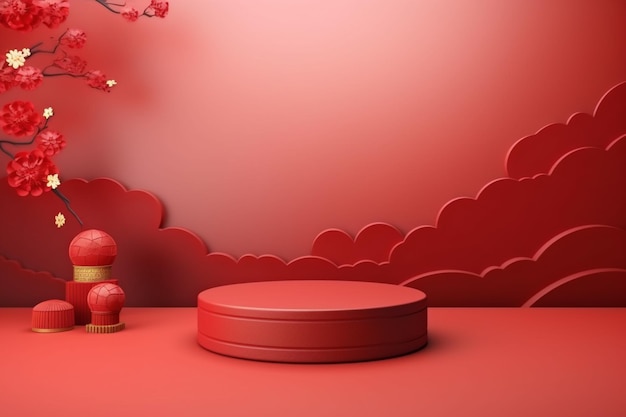 A close up of a red background with a red podium and a red flower generative ai