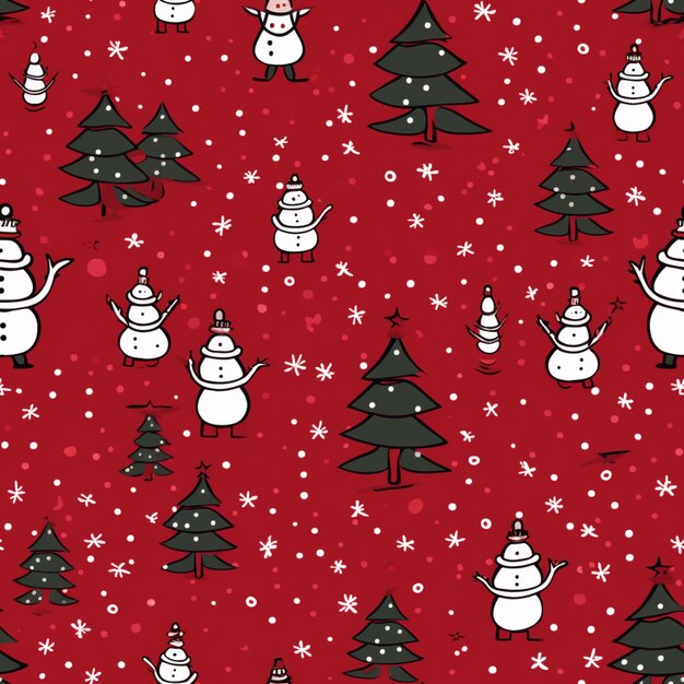 A close up of a red background with snowmen and trees generative ai