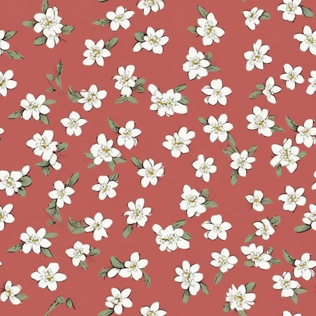 A close up of a red background with white flowers and leaves generative ai