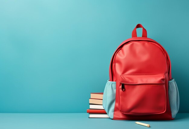 Photo a close up of a red backpack and a stack of books generative ai