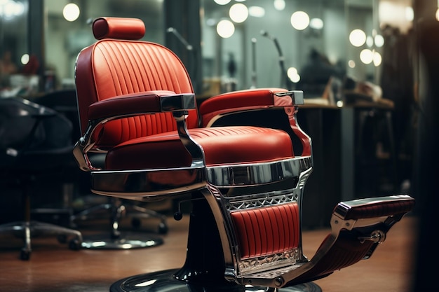 Foto un primo piano di una sedia di barbiere rosso in una fila