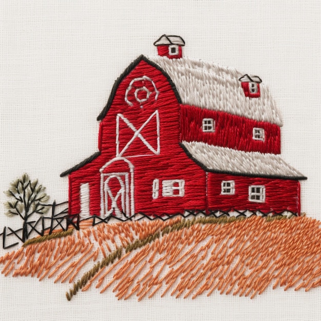 a close up of a red barn with a fence and a tree generative ai
