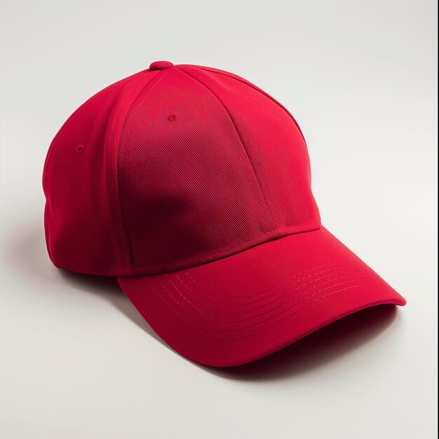 A close up of a red baseball cap on a white surface Mockup Design