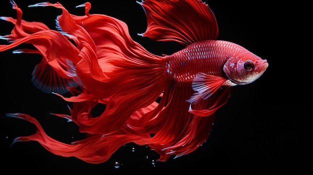 Close up of a red betta fish against a black background