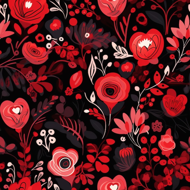 a close up of a red and black floral pattern with hearts generative ai