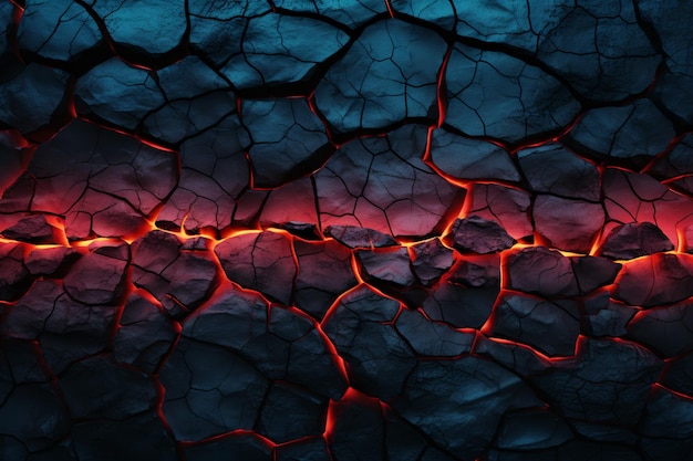 Photo a close up of a red and black lava texture with a blue background generativ ai