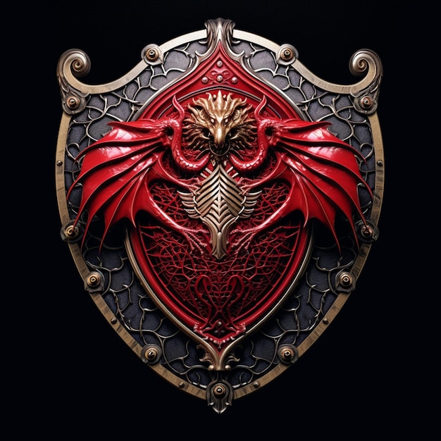 A close up of a red and black shield with a dragon on it generative ai