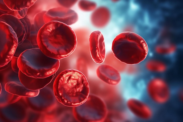 A close up of red blood cells in a blue background