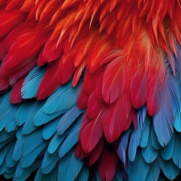 A close up of a red and blue birds feathers generative ai