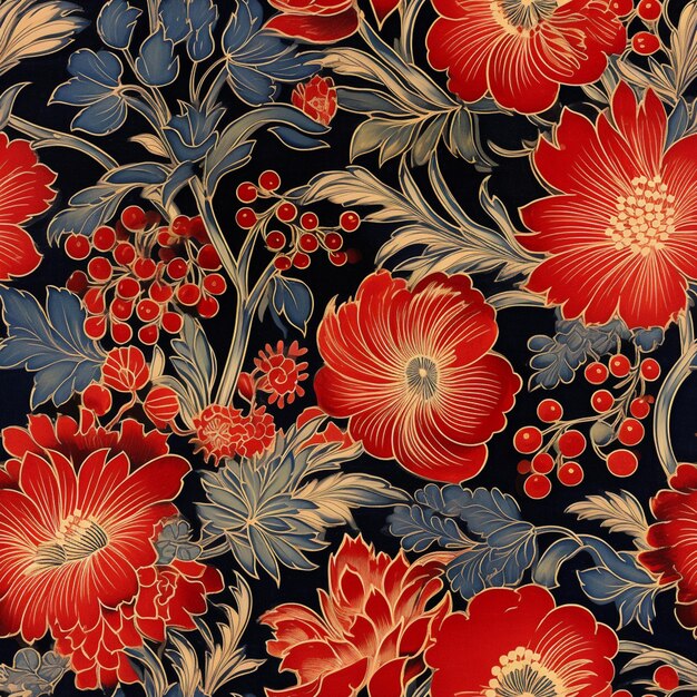 Photo a close up of a red and blue floral pattern on a black background generative ai