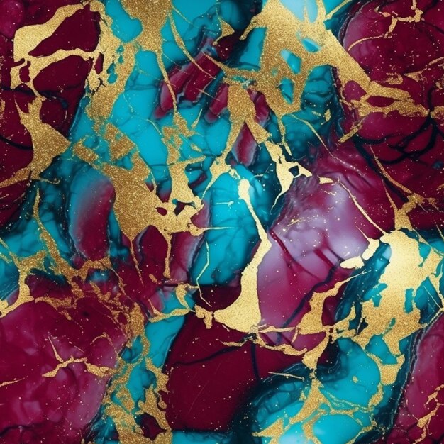 A close up of a red and blue marble with gold paint generative ai