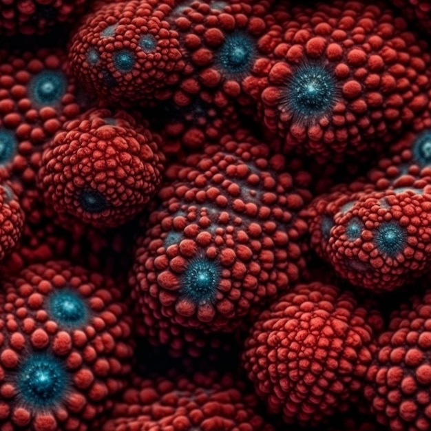 A close up of red and blue spiky fruity balls