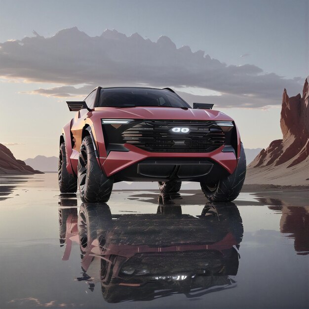 a close up of a red car parked on a beach near a mountain