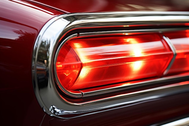 a close up of a red car with the lights on