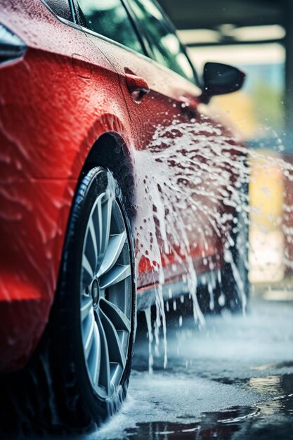 a close up of a red car with water coming out of it