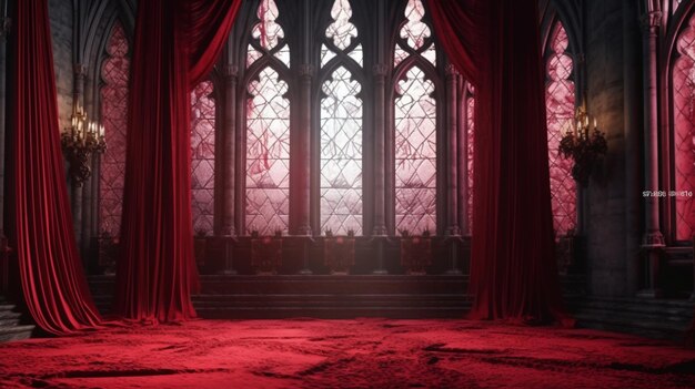 Крупный план красной ковровой дорожки в комнате с большим окном, генеративный искусственный интеллект