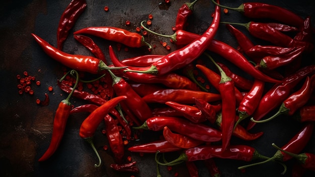 A close up of red chili peppers on a black surface