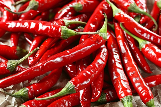 A close up of red chili peppers on a white background