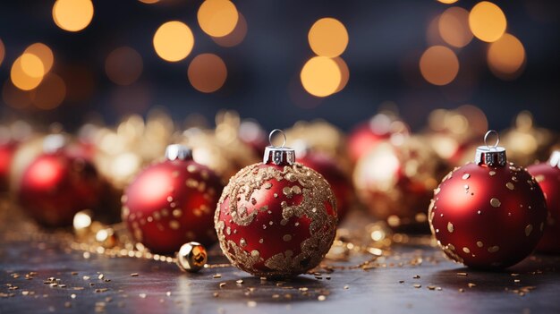 Close up of red Christmas ornaments with gold glitter for Christmas and new year season greeting