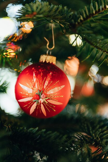 Close up of red christmas tree ball