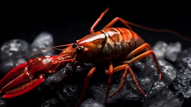 A close up of a red crayfish on a black background