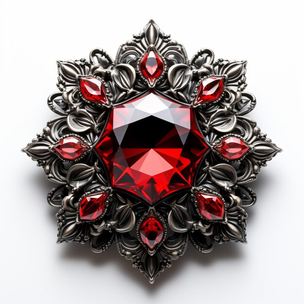 a close up of a red crystal brooch with silver leaves generative ai