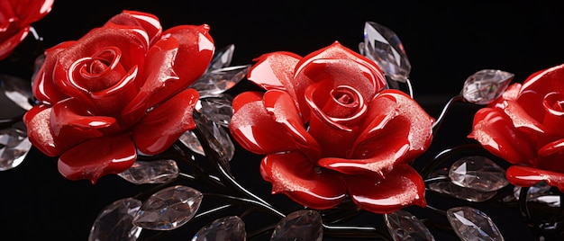 Крупным планом красные хрустальные розы на черном фоне