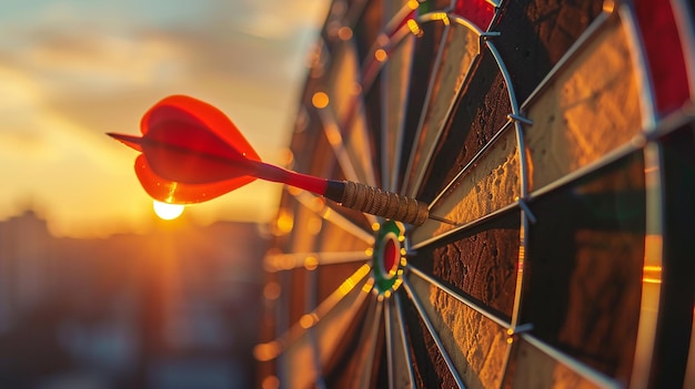 Foto visto da vicino, la freccia rossa colpisce il bersaglio al centro della dartboard.