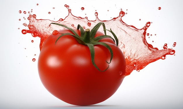 Close up red delicious fresh tomato with splashing tomato juice on white background Food photograph