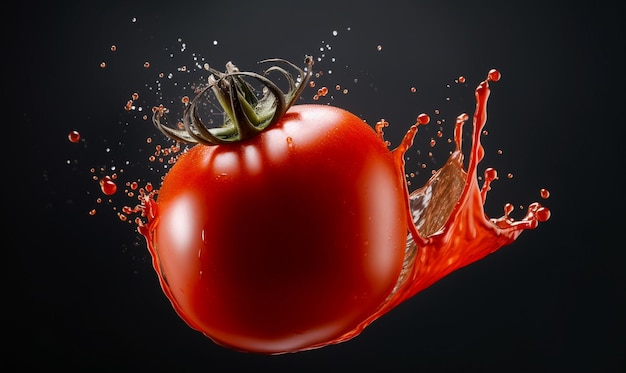 Close up red delicious fresh tomato with splashing tomato juice on white background Food photograph