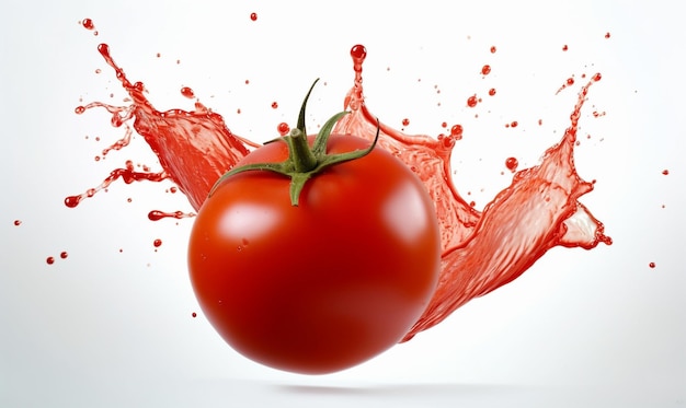 Close up red delicious fresh tomato with splashing tomato juice on white background food photography