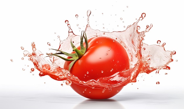 Photo close up red delicious fresh tomato with splashing tomato juice on white background food photography