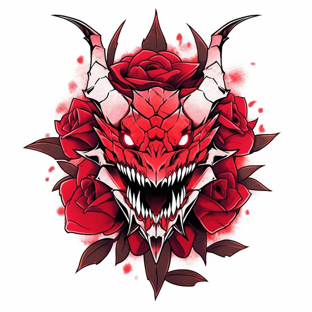 a close up of a red demon head with roses around it generative ai